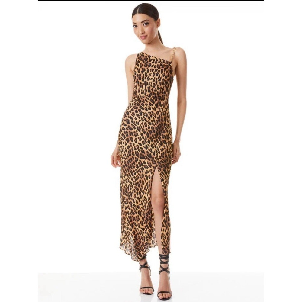 Alice + Olivia Leopard One Shoulder Chain Strap Maxi Dress Brown Black Size 4